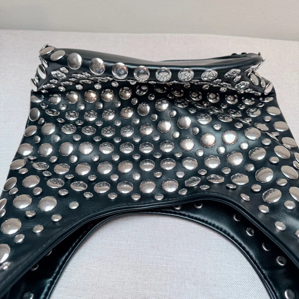 Black Studded Hobo Bag with Silver Accents - Picture 9 of 12